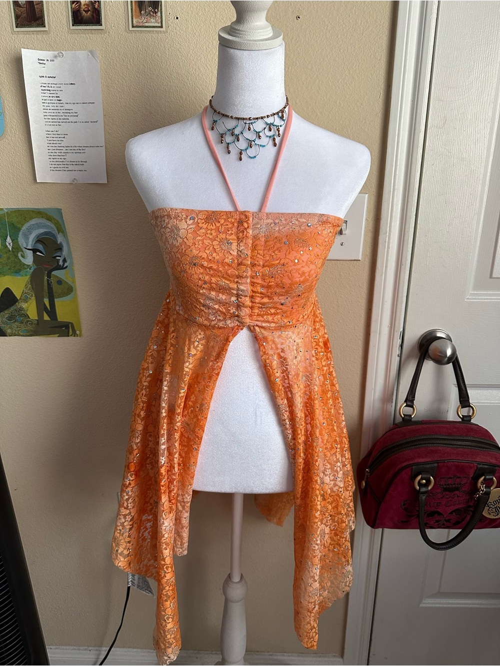 QUEEN OF SPARKLES Orange Lace Halter-Style Strapless Top